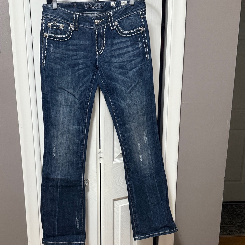 Miss Me Dark Blue Boot Cut Jeans with White Stitching
